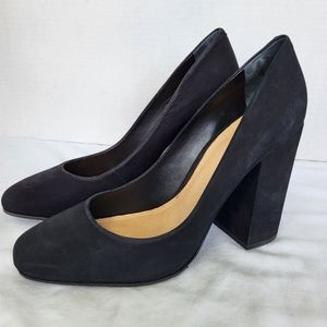 Schultz black suede block heel rounded toe slip on heels. Size 10B